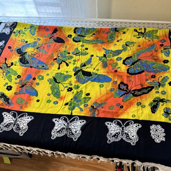 Butterfly Print Scarf Shawl Sarong Black Yellow Orange Tropical Resort Wear - Picture 6 of 7